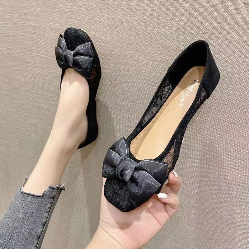 Mesh Shoes for Women Black Square Toe with Bow Woman Flats Trends 2025 Original Deals Aesthetic Light Korean Walking New In 39