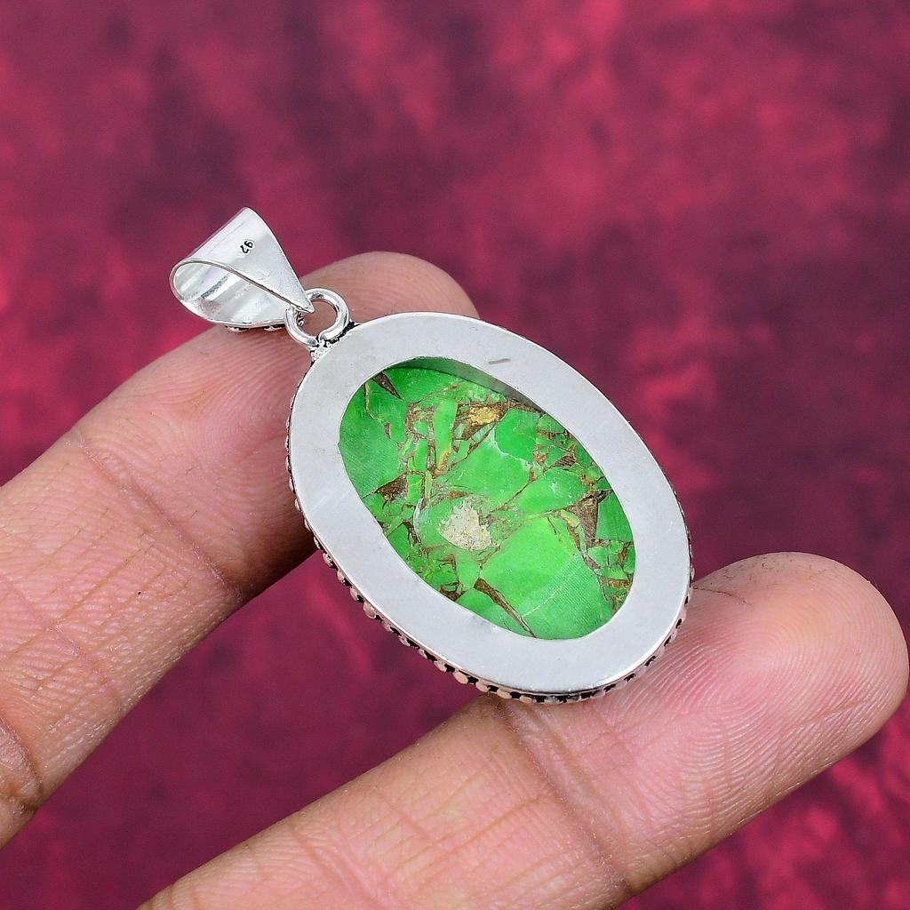 Grüner Türkisanhänger aus Kupfer, 925er Sterlingsilberschmuck, Edelsteinanhänger, Geschenk für sie, handgefertigter zierlicher Schmuck
