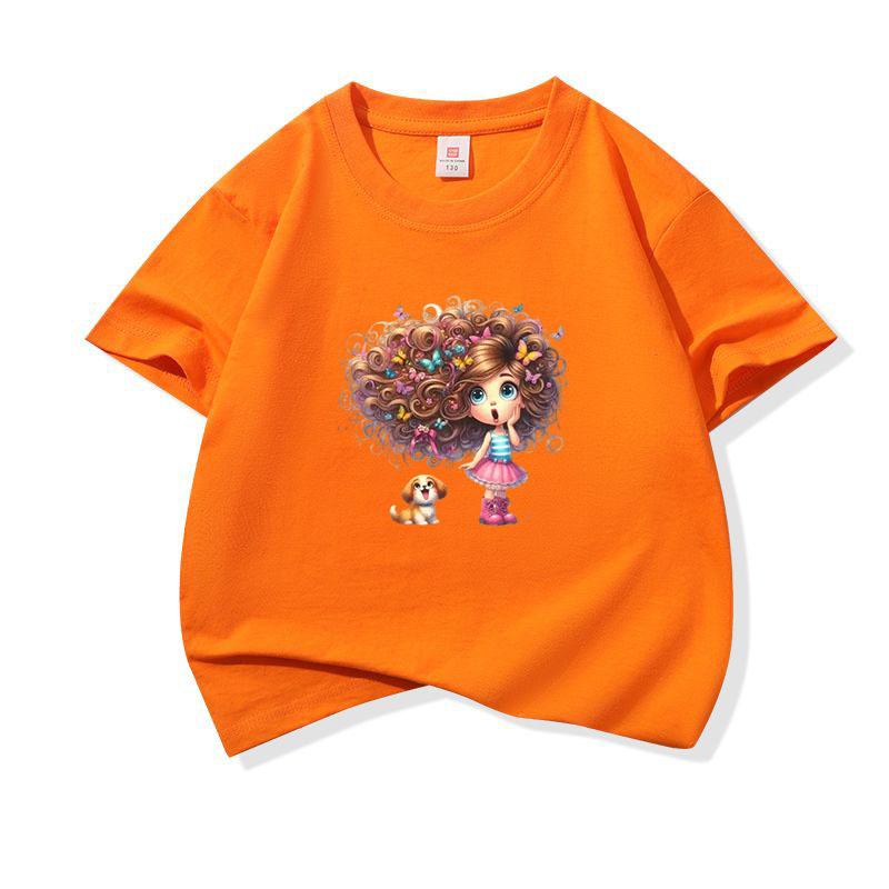 Kids Cotton T Shirt Girl With Floral Hair And Puppy Dog Print Crew Neck Short Sleeve Tee Casual Boys Girls Summer Tops