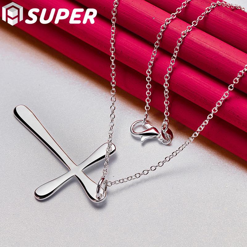 Superfeine Halskette mit flachem Kreuzanhänger aus 925er Sterlingsilber, 45,7 cm, für Damen, Hochzeitsmodeschmuck