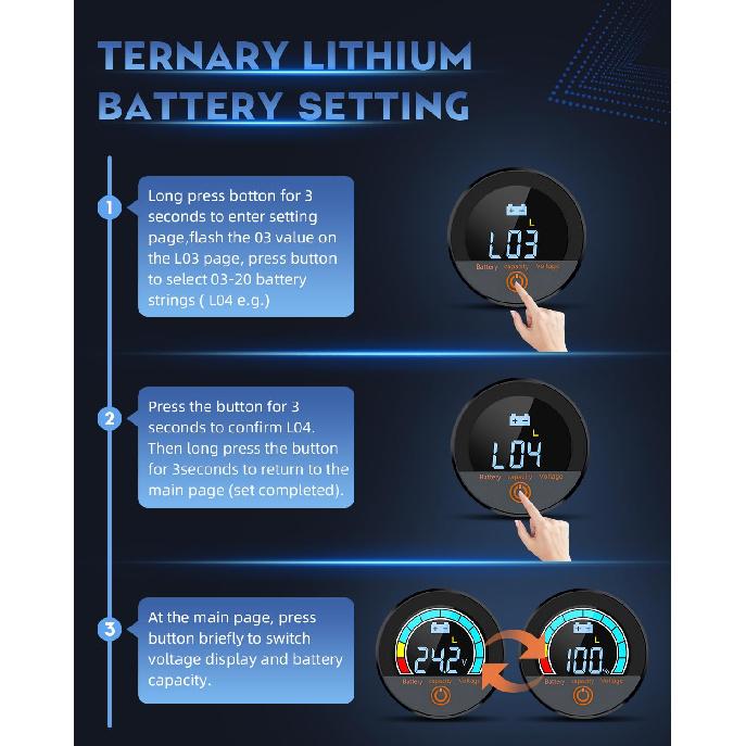 Battery Capacity Voltage Meter, 12V 24V 48V 60V 84V IP68 Waterproof LCD Battery Monitor Gauge Low-Voltage Alarm For Lithium, Lithium Iron, Lead Acid