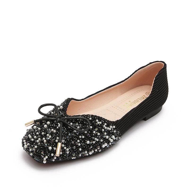 Spring new pearl rhinestone square head single shoes soft-soled casual flats