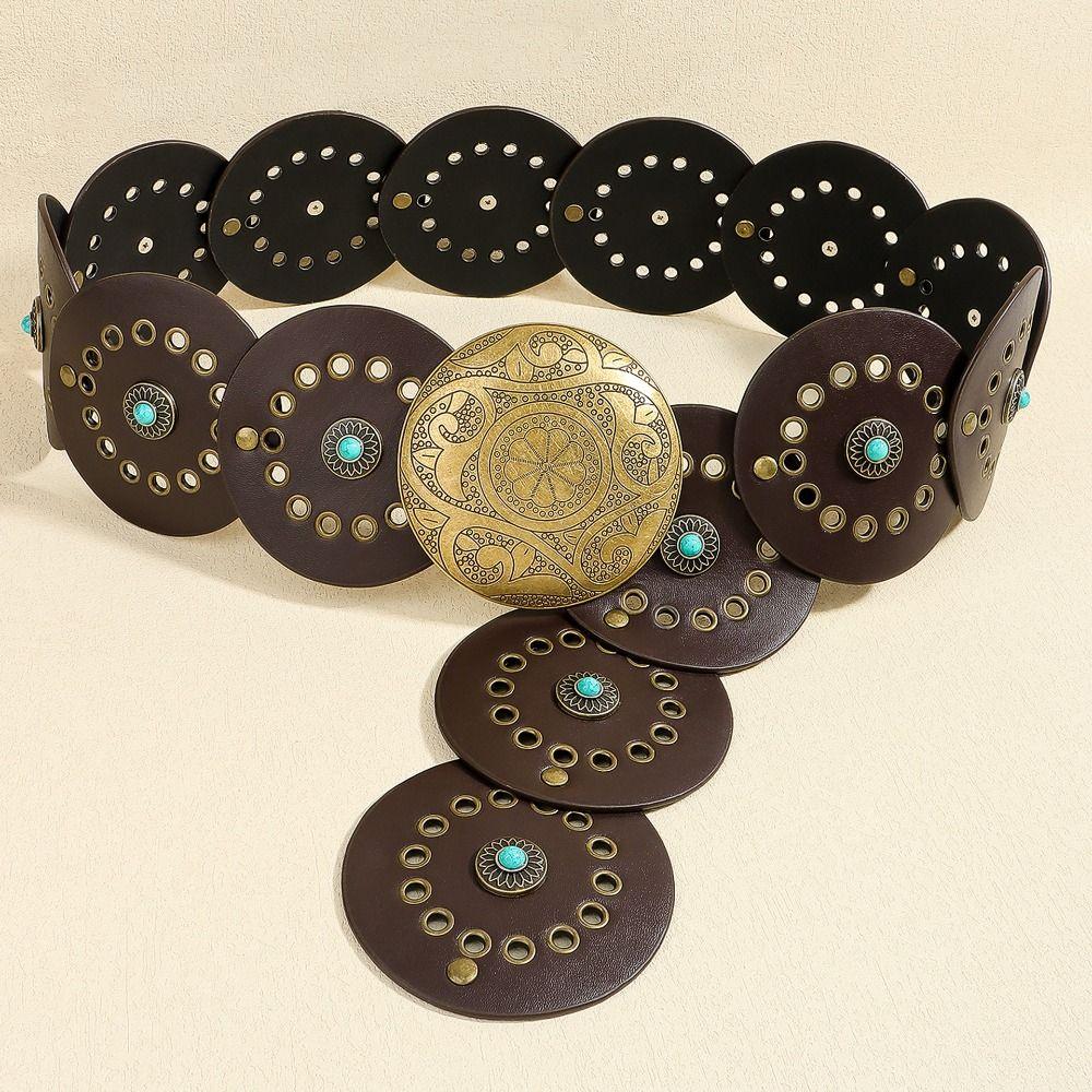 Adjustable Western Leather Waistband Exaggerated Carved Buckle Waist Belt Jeans Decor