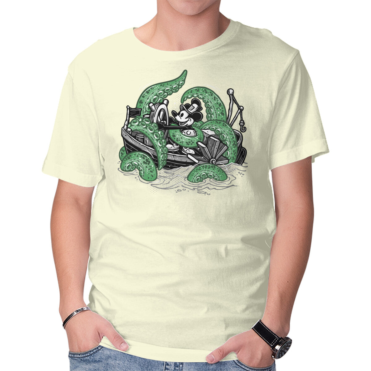 Unisex Crew Neck T-Shirt Steamboat And The Monster Graphic Short Sleeve Casual Tee XL