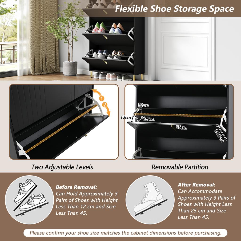 Shoe Cabinet with 3 Flaps, Narrow Shoe Rack Shoe Tilt Cabinet, with 6 Compartments, Adjustable, Anti-Tip Device for Entryway, 80*23.5*123.5cm, Black