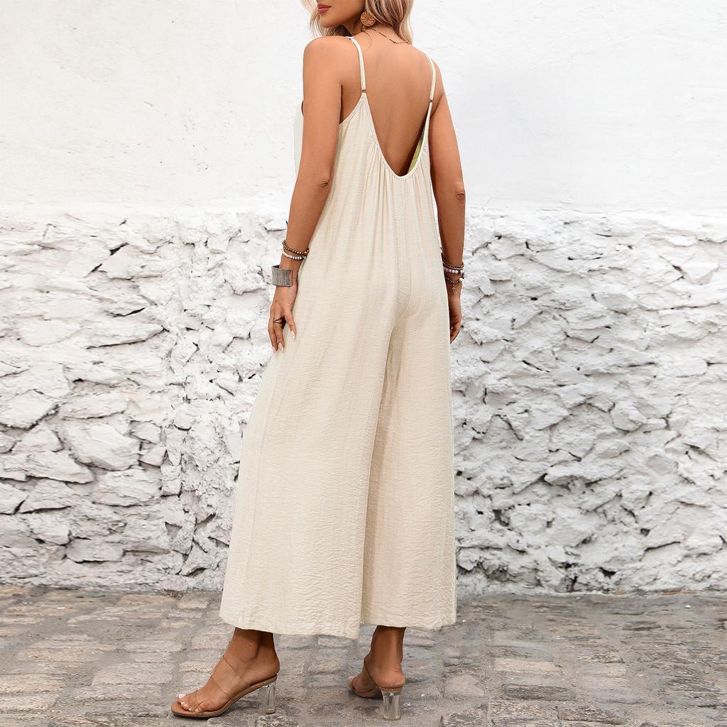 Damen Jumpsuit Lockerer Schnitt Verstellbare Spaghettiträger Weiter Bein Leichte Fließende Overalls für Freizeit