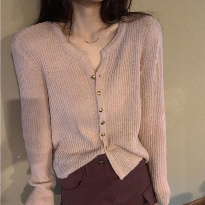Gentle and lazy wind soft waxy crew neck knitted cardigan top women's autumn and winter new thin bottom sweater