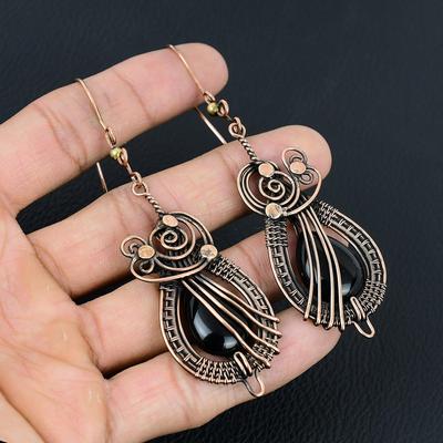 Black Onyx Gemstone Handmade Jewelry Pure Copper Wire Wrapped Earrings For Thanksgiving
