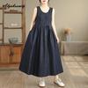Koreanische Mode Sommer Damen Midi Sommerkleid Übergröße Lässig Locker Kurz Jeanskleid Ärmellos Vintage Damenkleid Mit Taschen