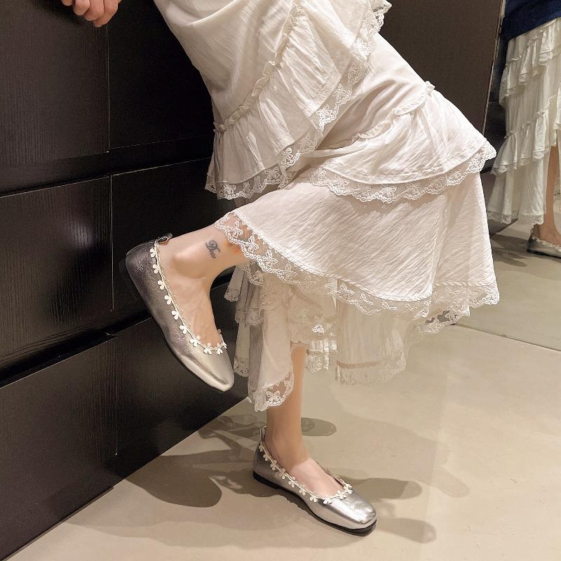 2025 New  French Flower Ballet Shoes Women's Inside Heightening Summer Shallow Slip-On Suede Single