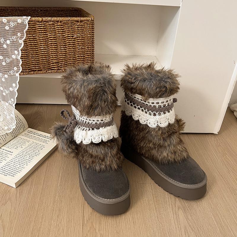 

Ретро серые сноубутсы на толстой подошве, женские зимние новые утепленные хлопковые ботинки, увеличивающие рост, милые пушистые ботинки 40