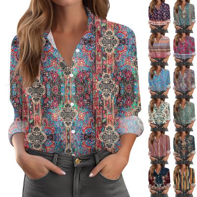 Damen Hemd Bluse Print Knopf Langarm Lässig Basic Hemdkragen Regulär Oberteil Mit Taschen