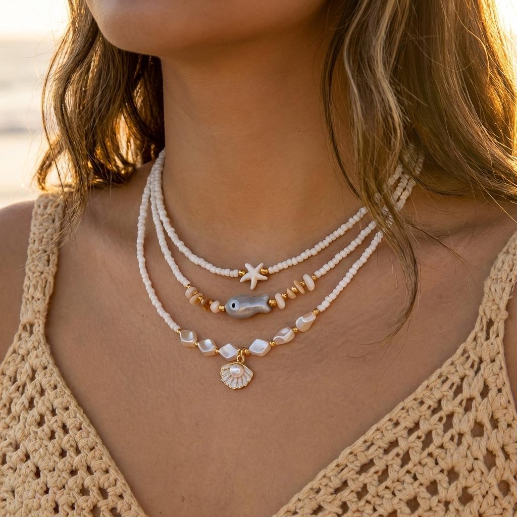 Bohemain Vintage Shell Starfish Turtle Multilayer Necklace for Women Ethnic Handmade Blue Beaded Necklaces Summer Beach Jewelry