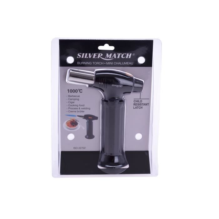 Chalumeau de cuisine - SILVER MATCH - Noir - Flamme réglable - Rechargeable - Design épuré