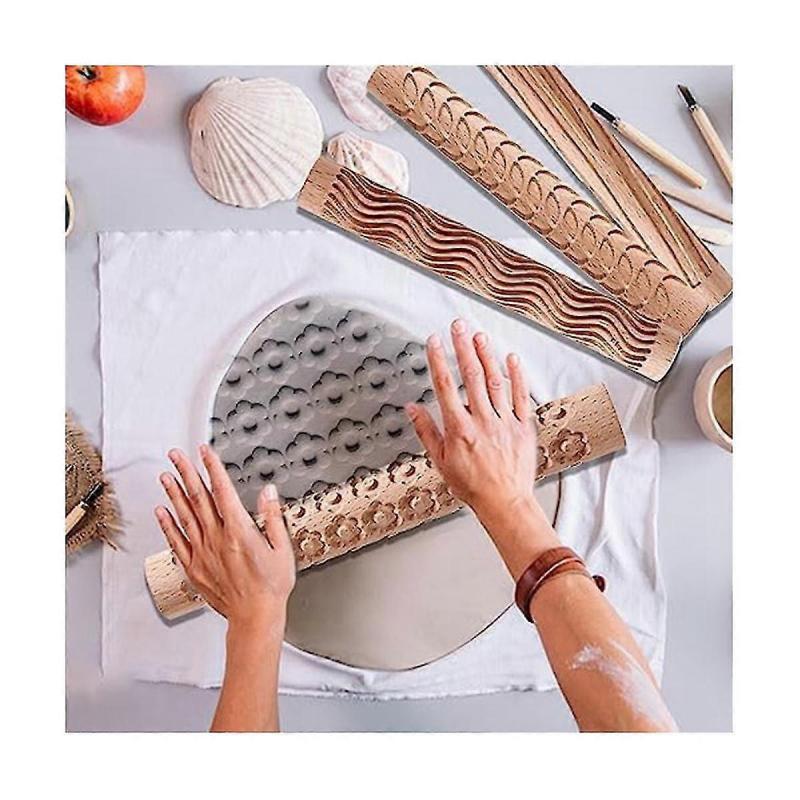 6 Wood Clay Modeling Pattern Rollers Kit, Clay Rolling Pin Textured Hand Roller Wooden Handle Pottery Tools Set