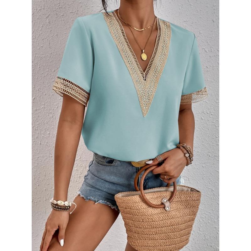 2Wish Women's Collar Lace Loose Top Commuter Short Sleeve Shirt Women's Style