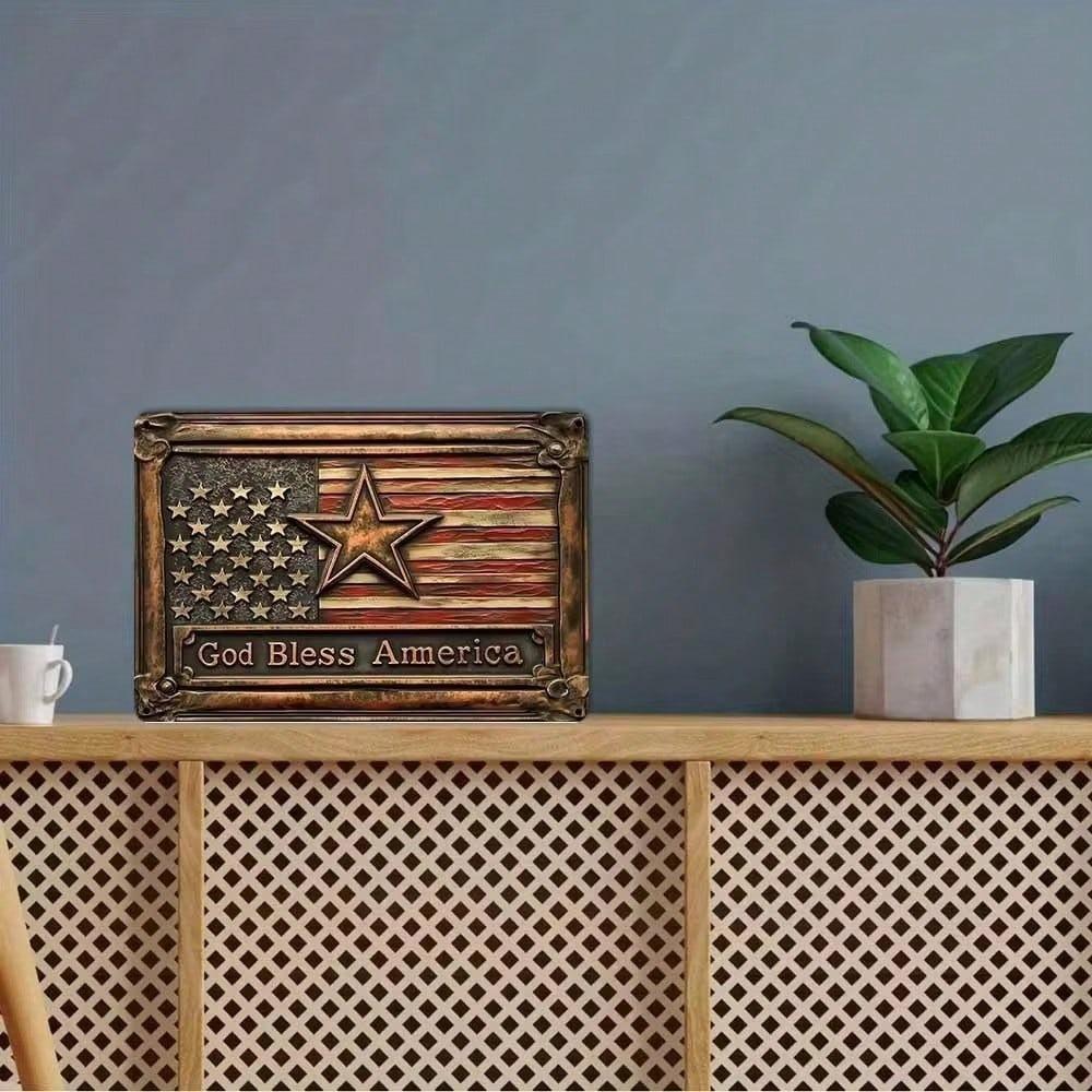 Vintage America Tin Sign Patriotic Red Blue Metal Wall Decor Home Garden Memorial