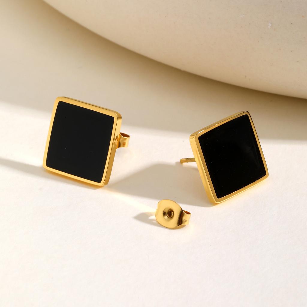 Stainless Steel Square Stud Earrings for Women,Water Proof Black Oil Earrings Gold Color,Fashion Jewelry Lady Gift
