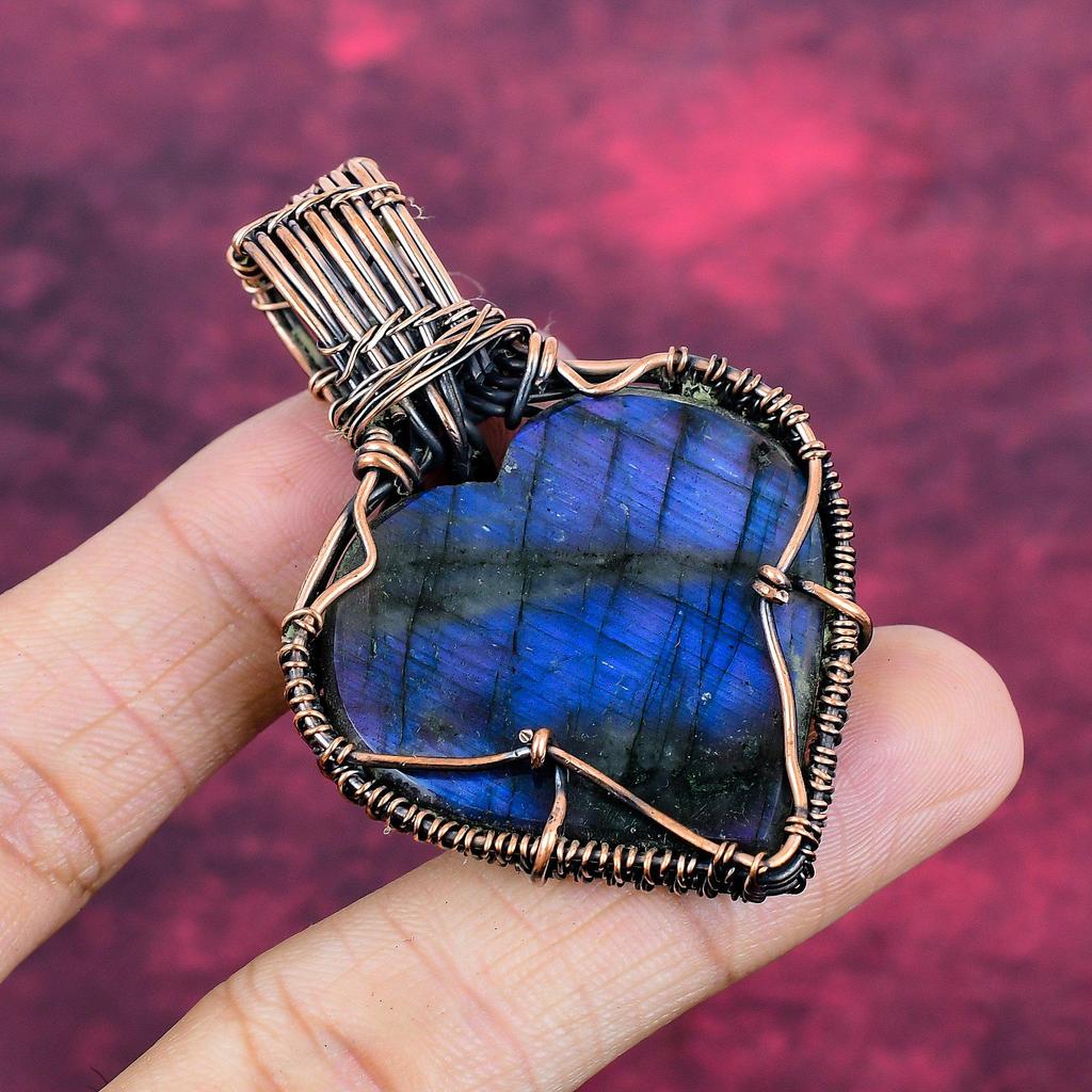 Labradorite Gemstone Pendant Copper Wire Wrapped Rainbow Moonstone Pendant