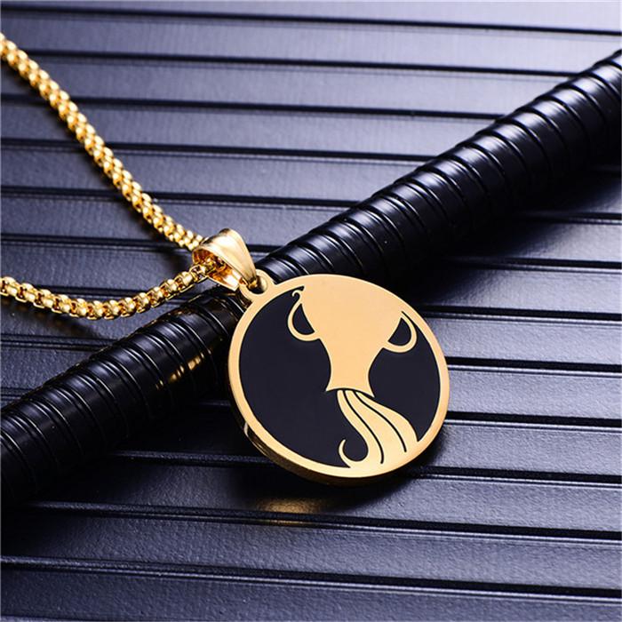 

Punk Zodiac Constellation Pendant Gold Color Stainless Steel Round Necklaces For Men Women Fashion Party Jewelry Birthday Gift 50cm