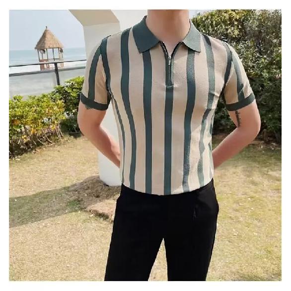Summer Men's Knitted Short Sleeve Half-Zip Polo Shirt Korean Style Slim Fit Casual Turn-Down Collar Half Sleeve T-Shirt Base Shirt