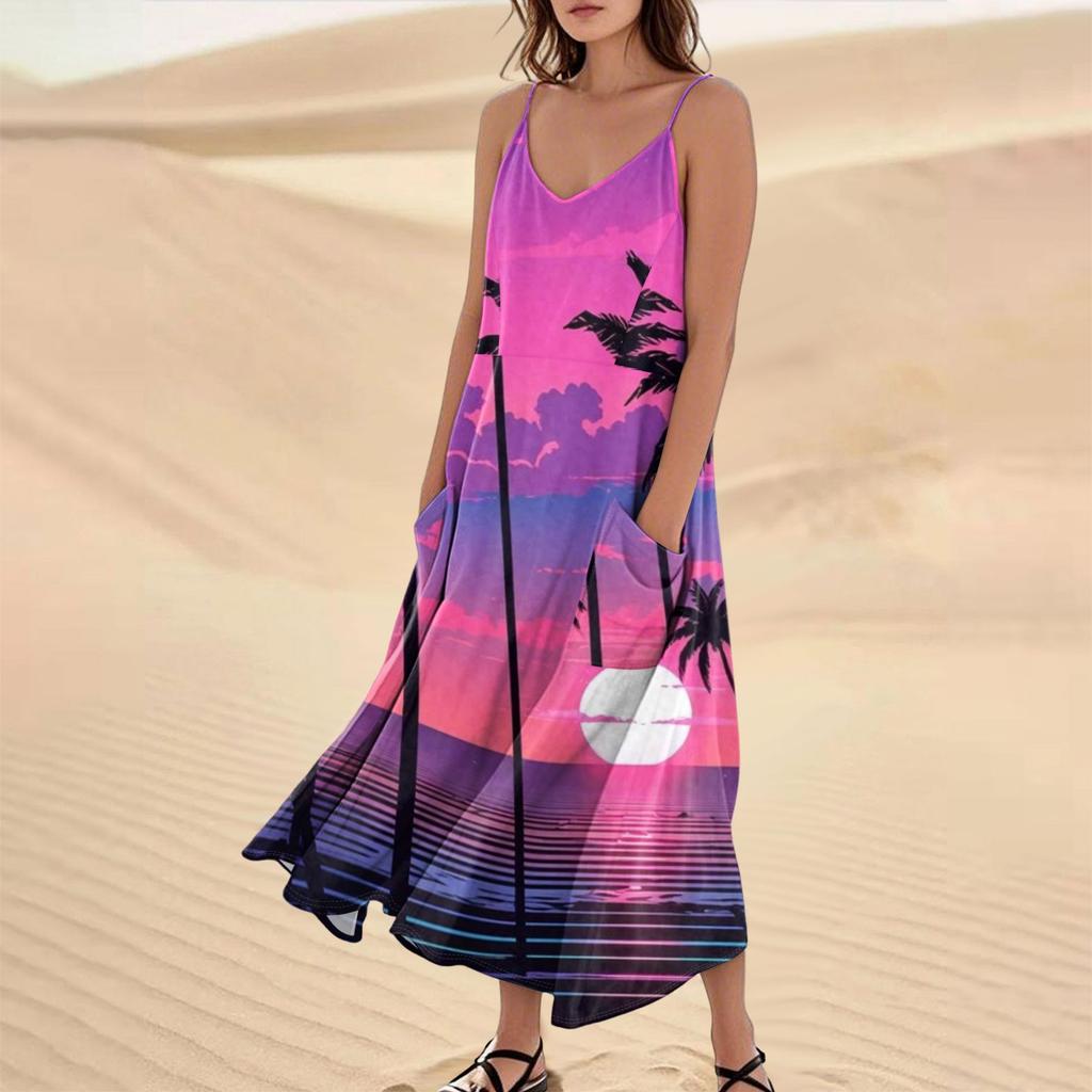 Women's Casual V Neck Hawaiian Print Sleeveless Pocket Suspender Dress
