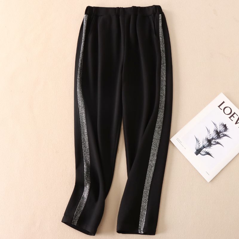 

D578 Укороченные повседневные брюки с эластичной талией из шелка с боковым блеском Black M