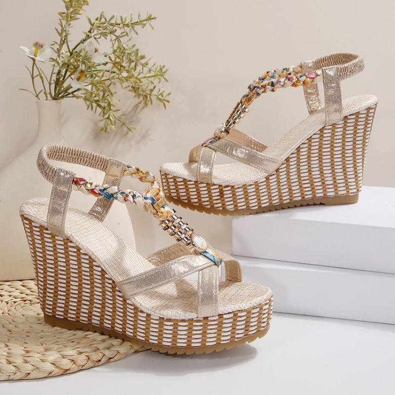 SyfIyno Summer Sandals Women's Fashion Open Toed Knitted Elastic Belt Slope Heel Thick Bottom High Heel Sandals Eleven Styles