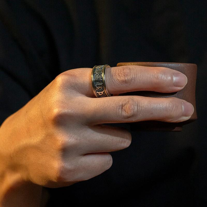 Adjustable Open Ring Men Women Vintage Hip Hop Style Plated Six Words Mantra Design