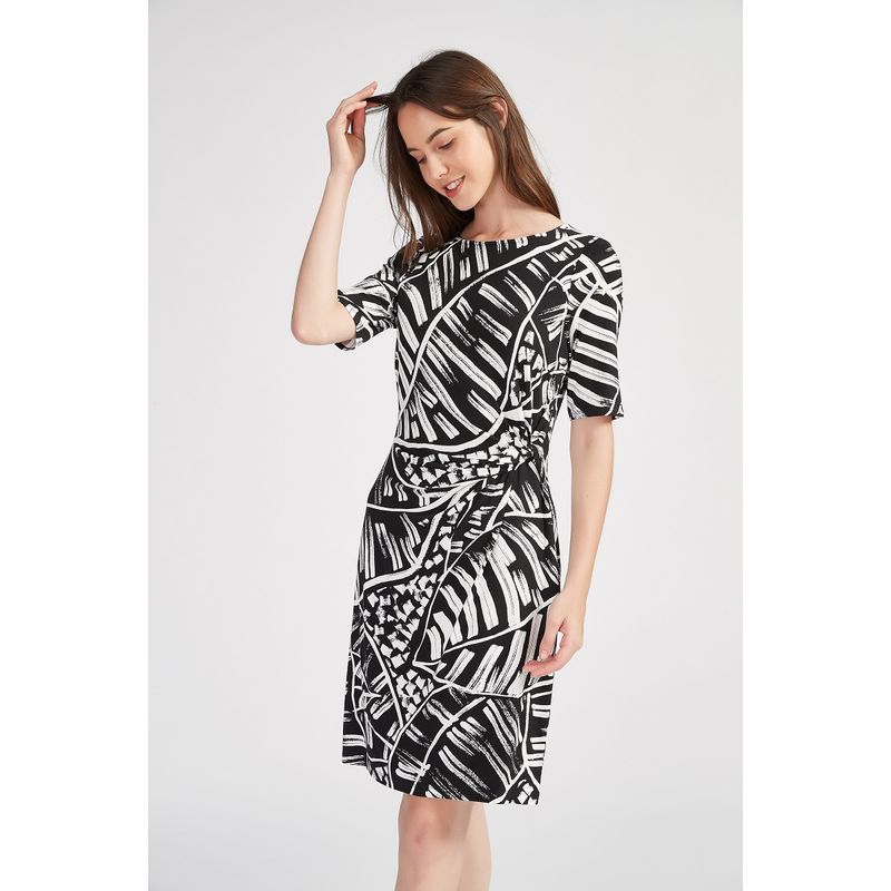 

Женское хлопковое эластичное платье с рукавом три четверти для полных девушек, повседневное Black and white flowers 1XL