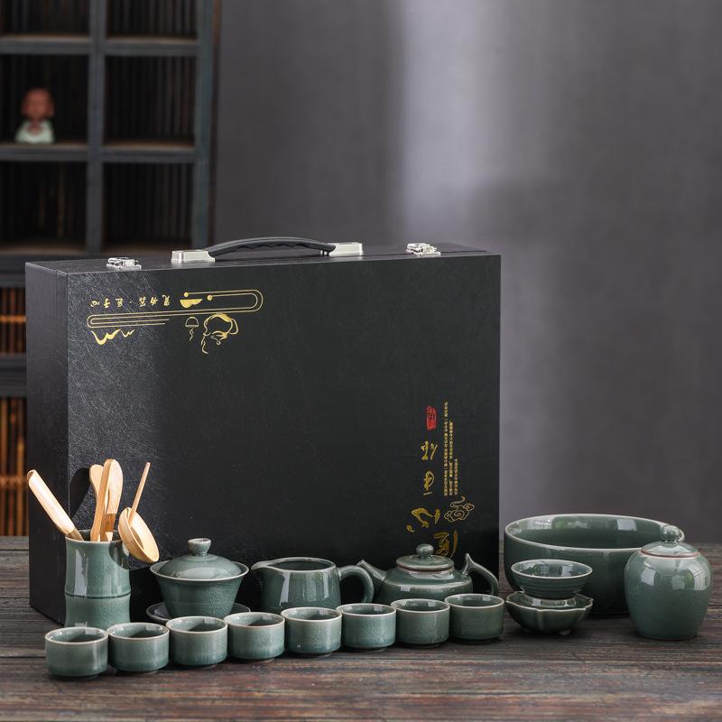 Ceramic Ge Kiln Ru Kiln Kung Fu Tea Set Large Set for Home Use Gifts for Others and Clients, Gift Box Set Vintage