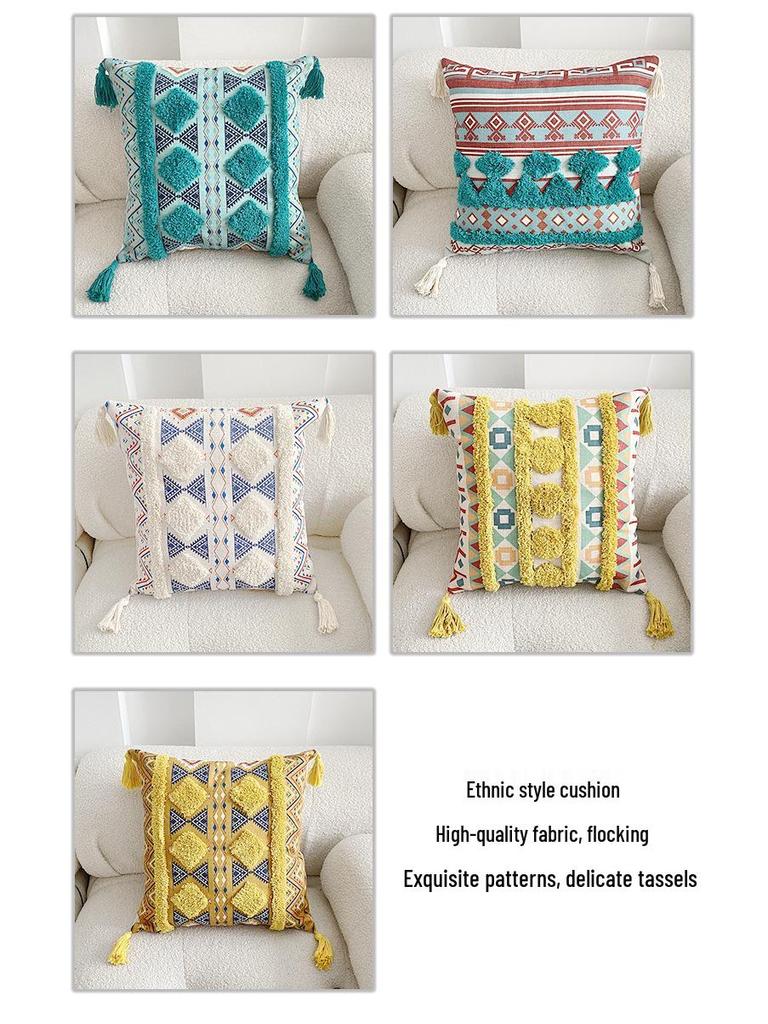 Bohemian Ethnic Flocking Linen Pillow Cover - Decorative Cushion for Sofa, Bedroom, or Bedside