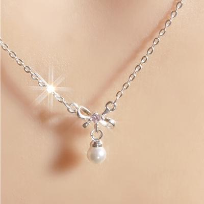Bow Necklace Women's Light Luxury Temperament Niche Design Sense Pink Diamond Pearl Clavicle Chain Stainless Steel