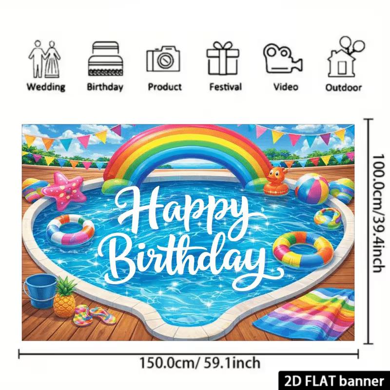 2D Rainbow Pool Party Backdrop Happy Birthday Beach Ball Banner