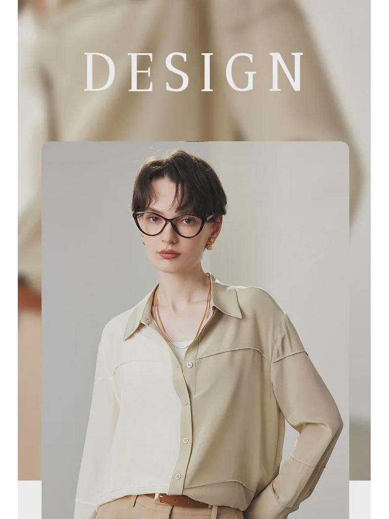 Women's Loose-Fit Silk Shirt - 2025 Spring/Summer, 100% Double Crepe Mulberry Silk, Color-Block Design