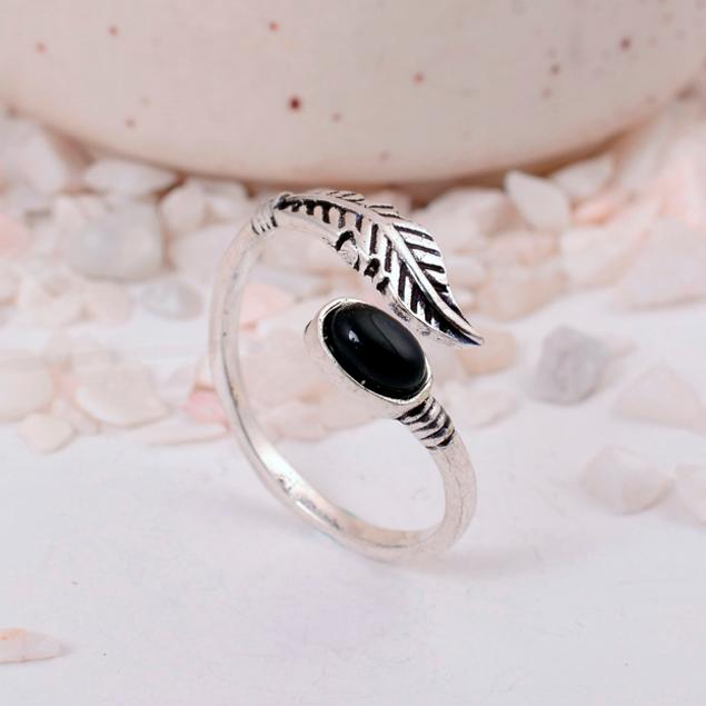 Adjustable Black Onyx Feather Ring | Silver Plated Boho Wrap Jewelry | Protection Stone Gift for Her