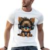 Yorkshire Terrier Puppy Wearing Headphones and Sunglasses T-Shirt Soft Durable Cotton T-Shirt