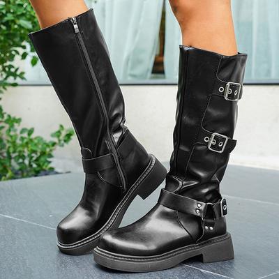 Modische Damen Reitstiefel mit verstellbarer Schnalle und seitlichem Reißverschluss, modische schwarze PU Leder Kniehohe Stiefel für Damen, Herbst Winter lange Stiefel