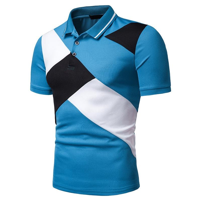 Classic Men's Lapel Tee Top Short Sleeve Splicing T Shirt With Premium Cotton Blend
