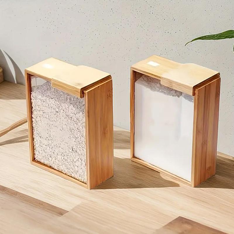 Bamboo Grain Storage Container Food Condiment Dispenser Transparent Sliding Lid Kitchen Storage Tank For Cereal, Rice, Flour