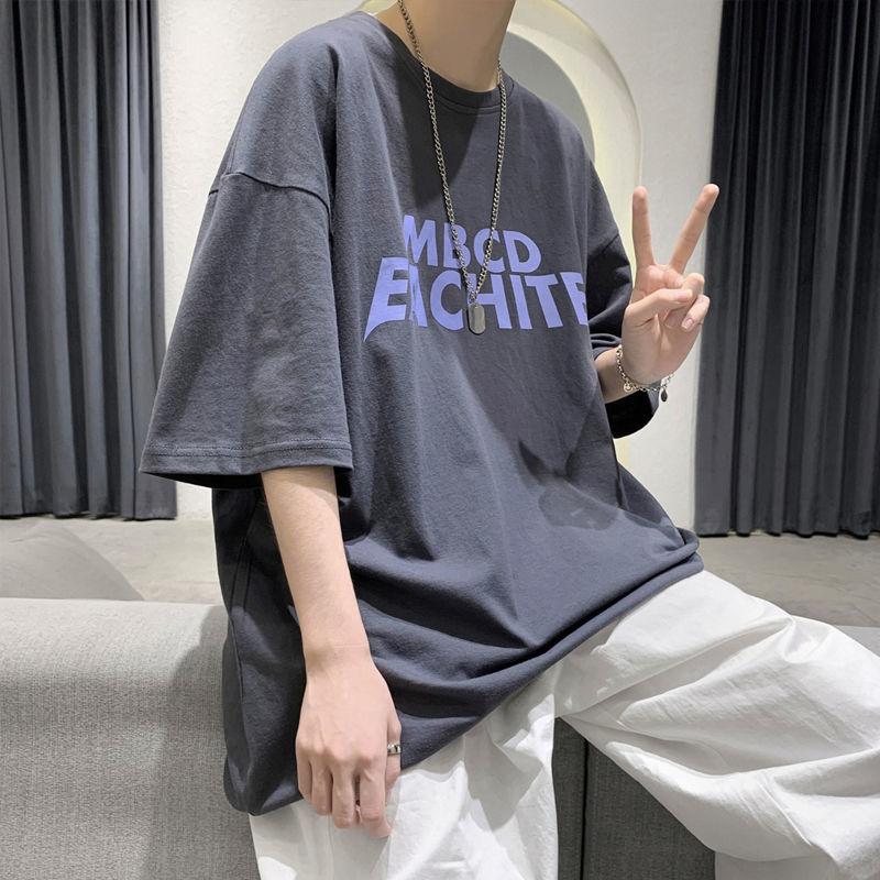 Fashionable Letter Printed T-shirts Summer Korean Short Sleeve Men's Clothing Young Style Casual Round Neck Chic Loose Pullovers