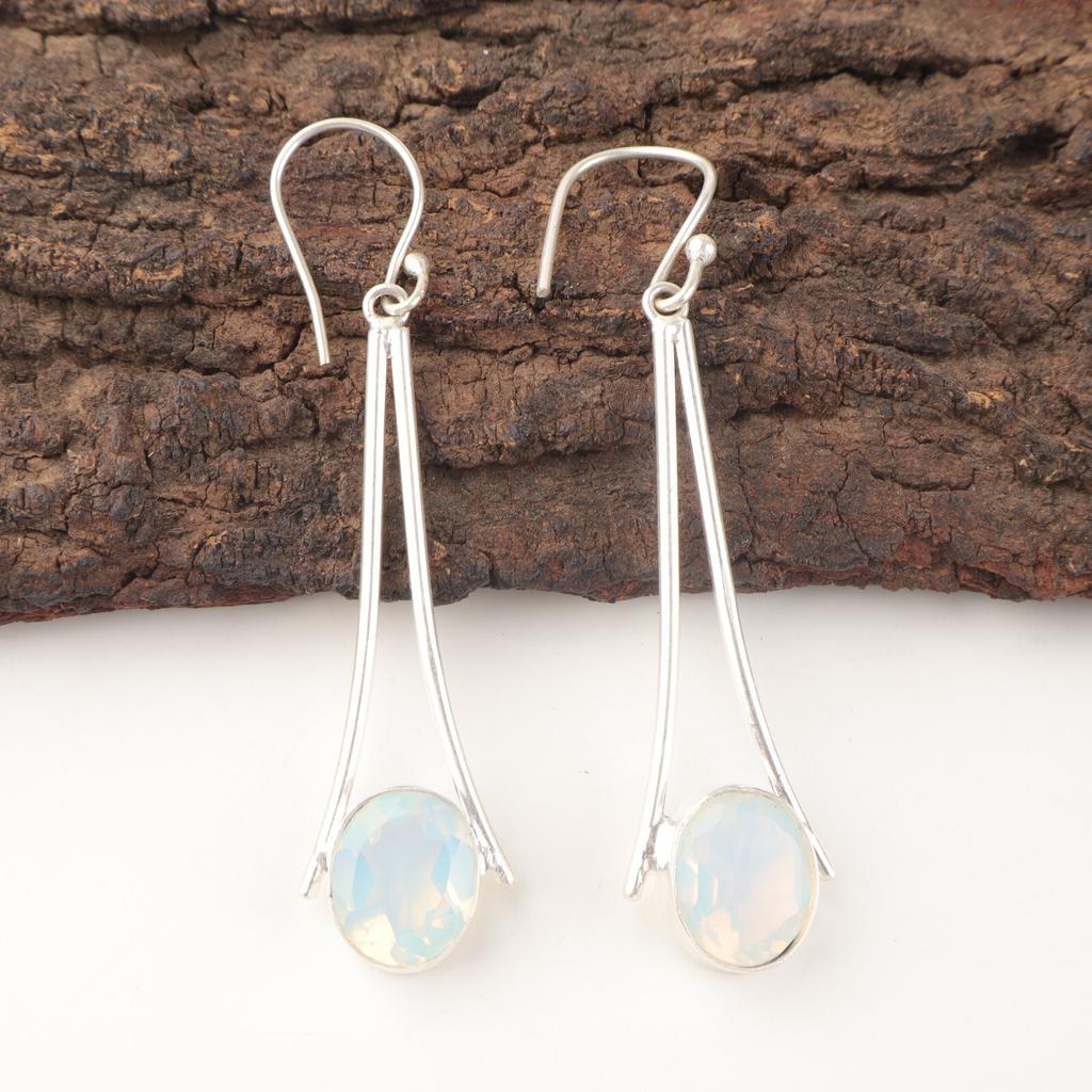 Milky Opal Stone Sterling Silver Boho Dangle Drop Elegant Hook Earrings Jewelry EE-136-14