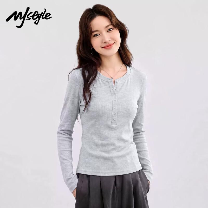 MJ STYLE Women's Ribbed Henley Long Sleeve Top