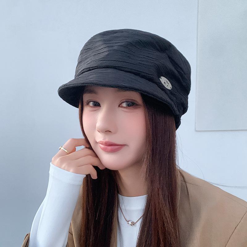 Spring and Autumn Texture Folds Versatile Big Head Circumference Show Face Small Beret Woman