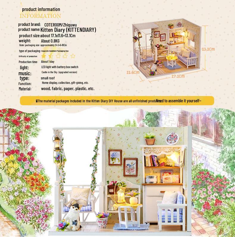 Zhiquwu DIY Kätzchen Tagebuch Hausmodell - Handgemachtes Architekturspielzeug für Mädchen und Geburtstage bester Freunde