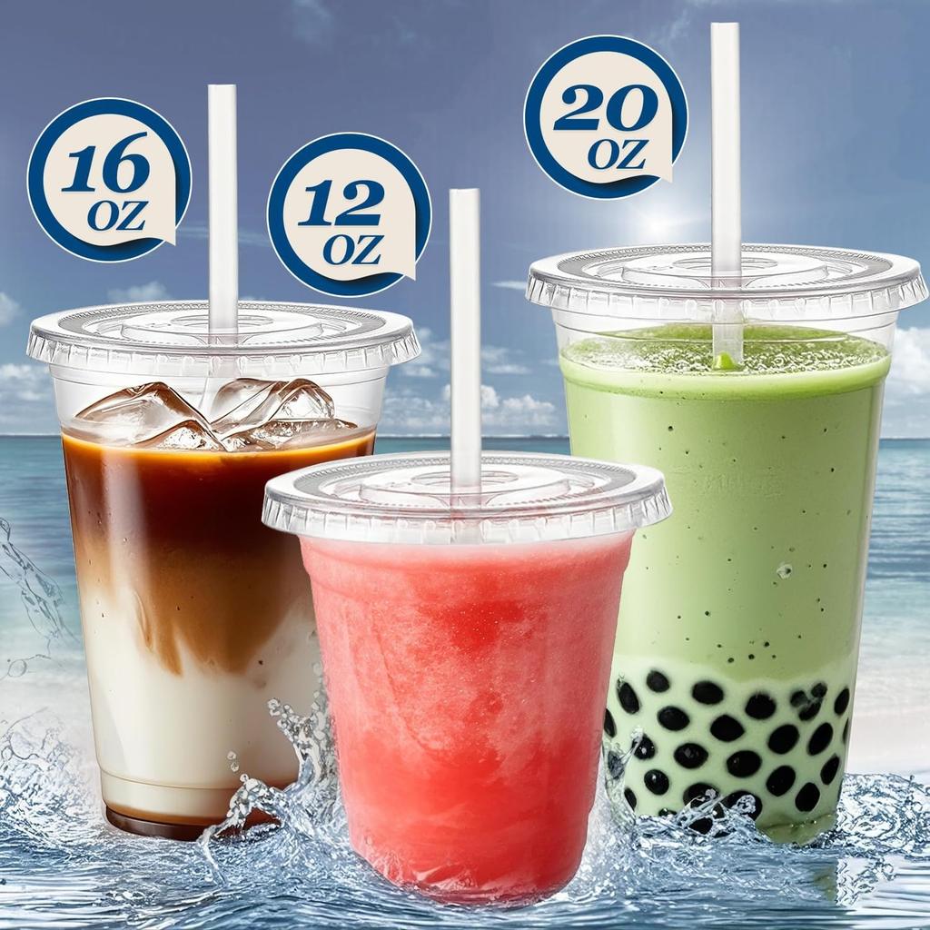 Charmount 100 Sets- 20 Oz Clear Plastic Cups with Lids and Straws, Disposable To Go Cups for Cold Drinks, Coffee Bar Accessories, Iced Coffee