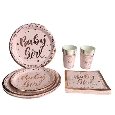 Bebê Menina Descartável Talheres Rosa Listrado Ouro Rosa Pratos Copos Guardanapos de Papel para Chá de Bebê Festa de Aniversário Decorações