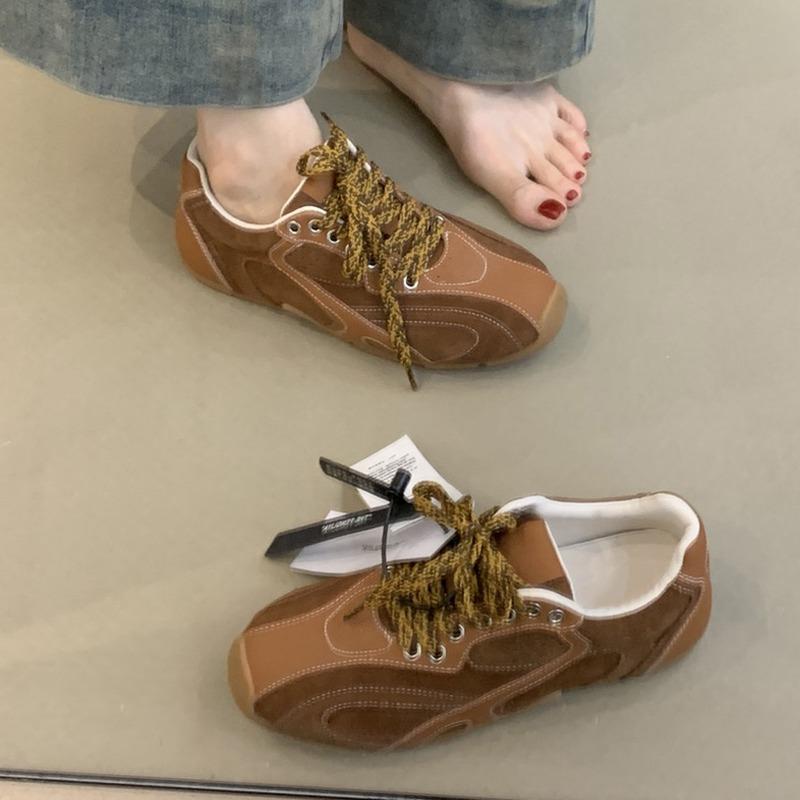 Cowhide version~ retro casual shoes color matching lace-up flat-bottom sports shoes women's versatile running tide