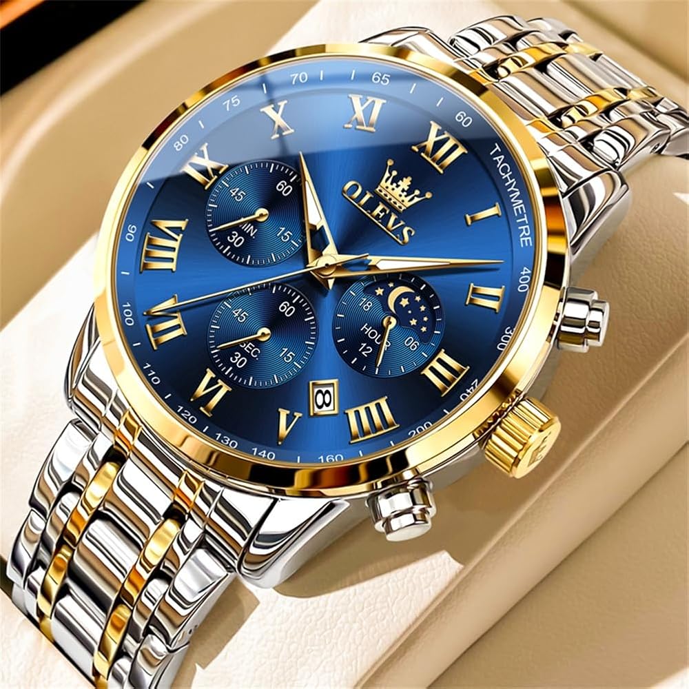 OLEVS Men's Analog Watch Blue Waterproof Stainless Steel Band Date Luminous Fashion Business Classic