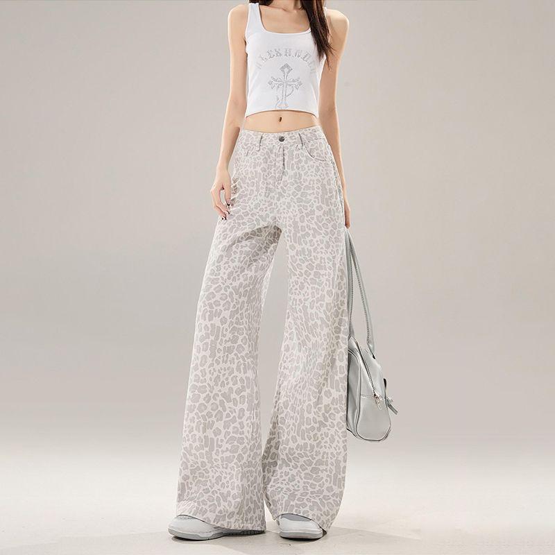Leopard print design large size jeans women's summer new fashion loose and thin versatile straight wide-leg trousers